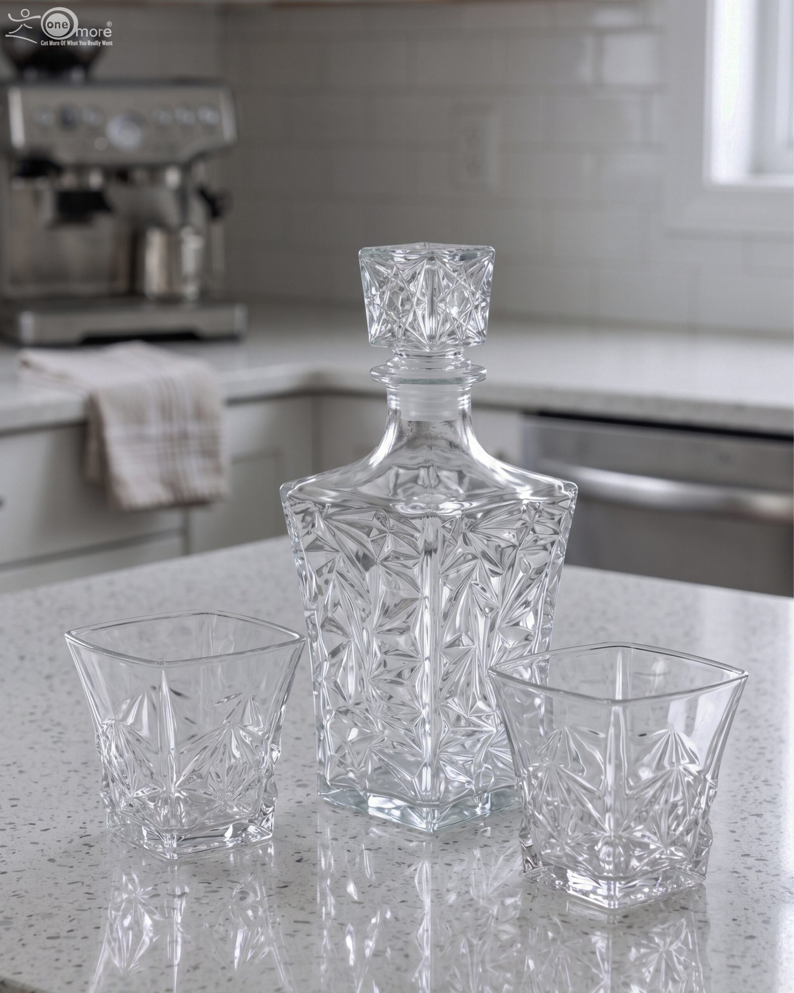 1 Clear crystal glass decanter bottle and matching tumbler drinking glasses with diamond pattern on kitchen counter