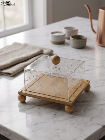 Modern square wooden cake dish with a clear acrylic lid featuring embedded silver leaf flakes and round wooden feet on a marble countertop.