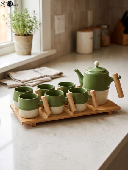 A modern green and cream ceramic tea set for 6 persons featuring wooden handles and a wooden tray on a kitchen counter.