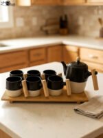 "A modern 6-person ceramic tea set displayed on a kitchen counter, including a teapot, six cups, and a bamboo serving tray, all featuring matte black and speckled finishes with wooden handles."
