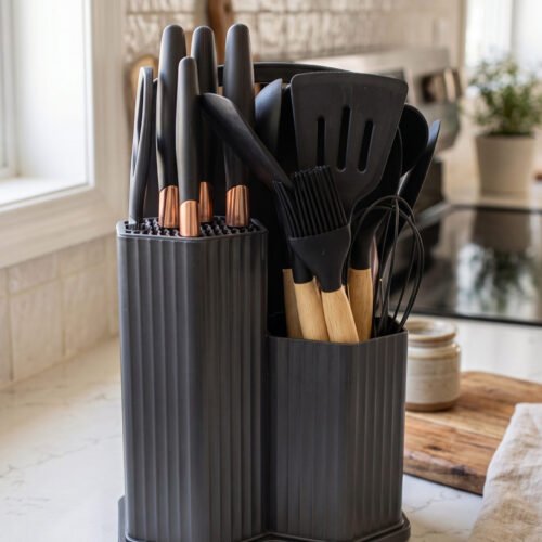 Matte dark grey 19-piece kitchen utensil and knife block set with rose gold accents and wooden handles on a marble countertop.