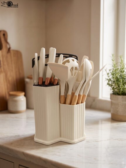 19-piece cream silicone kitchen utensil and knife set with wooden handles arranged in a matching ribbed counter holder