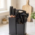 19 piece matte black kitchen knife and silicone spoon utensil set with rose gold accents in a countertop block holder