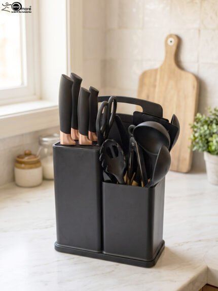19 piece matte black kitchen knife and silicone spoon utensil set with rose gold accents in a countertop block holder