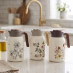 Three 2L vacuum thermal flasks with vintage floral patterns and ergonomic handles on a kitchen counter