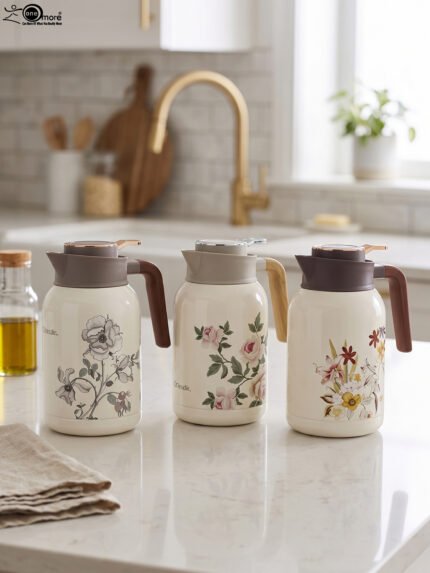 Three 2L vacuum thermal flasks with vintage floral patterns and ergonomic handles on a kitchen counter