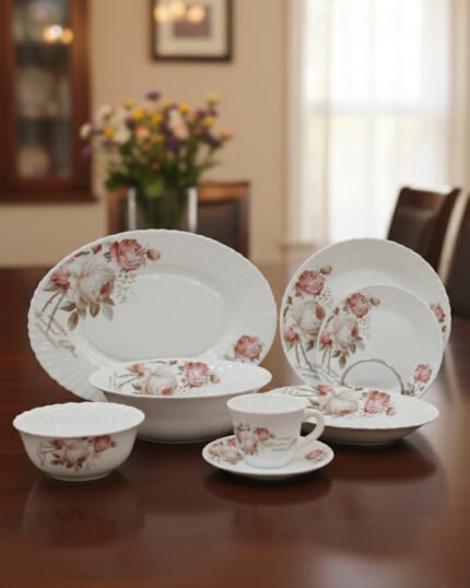 38 piece opal glass dinner set with vintage floral rose patterns on a wooden dining table