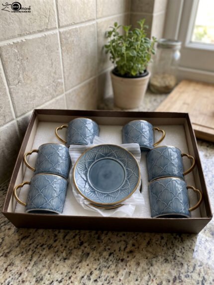Luxury blue ceramic 6-person cup and saucer set with gold trim and textured pattern neatly packed in a gift box