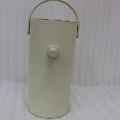 Minimalist off-white 2L insulated thermal water pitcher with carrying handle and dispenser spout on a marble kitchen countertop.