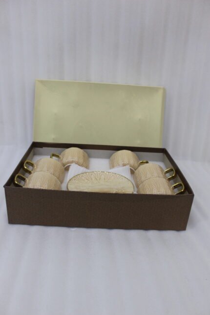 6-piece cream beige textured ceramic tea cup and saucer set with gold handles packaged in a brown gift box