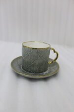 6-piece seafoam green ceramic tea cups with gold handles and matching saucers in a gift box