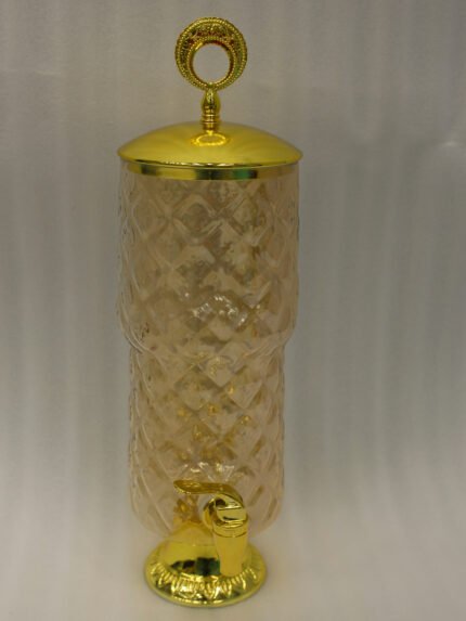 Luxury 3.5L amber diamond-cut glass beverage dispenser with decorative gold lid and spigot on a kitchen counter