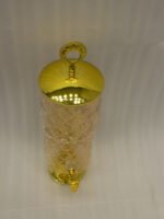 Luxury 3.5L amber diamond-cut glass beverage dispenser with decorative gold lid and spigot on a kitchen counter