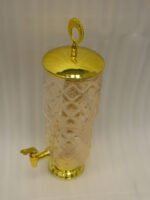 Luxury 3.5L amber diamond-cut glass beverage dispenser with decorative gold lid and spigot on a kitchen counter