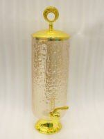 3.5-liter clear hammered glass beverage dispenser with polished gold lid ring handle and spigot on a kitchen counter