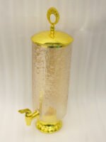 3.5-liter clear hammered glass beverage dispenser with polished gold lid ring handle and spigot on a kitchen counter