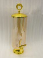 3.5 liter ribbed glass beverage dispenser with polished gold base, lid, and spigot on a kitchen counter