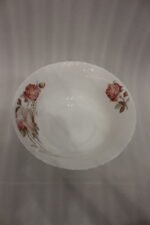 38 piece opal glass dinner set with vintage floral rose patterns on a wooden dining table