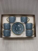 Luxury blue ceramic 6-person cup and saucer set with gold trim and textured pattern neatly packed in a gift box