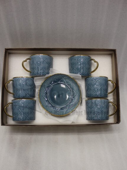 Luxury blue ceramic 6-person cup and saucer set with gold trim and textured pattern neatly packed in a gift box