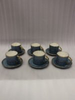 Luxury blue ceramic 6-person cup and saucer set with gold trim and textured pattern neatly packed in a gift box