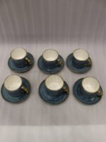 Luxury blue ceramic 6-person cup and saucer set with gold trim and textured pattern neatly packed in a gift box