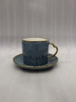Luxury blue ceramic 6-person cup and saucer set with gold trim and textured pattern neatly packed in a gift box