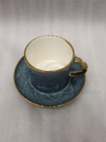 Luxury blue ceramic 6-person cup and saucer set with gold trim and textured pattern neatly packed in a gift box
