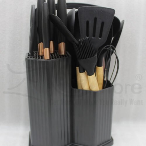 Matte dark grey 19-piece kitchen utensil and knife block set with rose gold accents and wooden handles on a marble countertop.