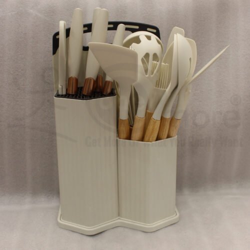 19-piece cream silicone kitchen utensil and knife set with wooden handles arranged in a matching ribbed counter holder