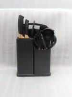 19 piece matte black kitchen knife and silicone spoon utensil set with rose gold accents in a countertop block holder