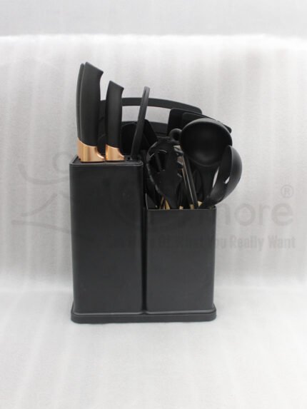 19 piece matte black kitchen knife and silicone spoon utensil set with rose gold accents in a countertop block holder