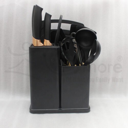 19 piece matte black kitchen knife and silicone spoon utensil set with rose gold accents in a countertop block holder