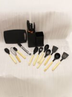 19 piece matte black kitchen knife and silicone spoon utensil set with rose gold accents in a countertop block holder