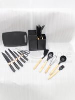 19 piece matte black kitchen knife and silicone spoon utensil set with rose gold accents in a countertop block holder