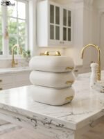 Three stacked off-white insulated hot pot casseroles with metallic gold handles sitting on a marble kitchen countertop.