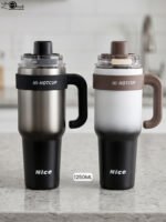 Pair of 1250ml HI-HOTCUP stainless steel insulated tumblers in black and brown gradient with handles and spout lids.