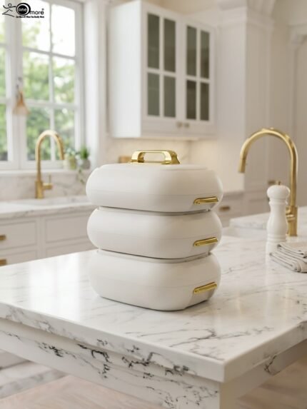 Three stacked off-white insulated hot pot casseroles with metallic gold handles sitting on a marble kitchen countertop.