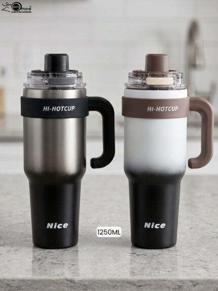 Pair of 1250ml HI-HOTCUP stainless steel insulated tumblers in black and brown gradient with handles and spout lids.