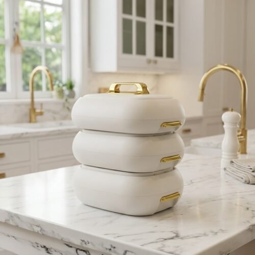 Three stacked off-white insulated hot pot casseroles with metallic gold handles sitting on a marble kitchen countertop.