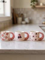Cream ceramic coffee mug featuring a Snow White apple with a black bow, "Be a princess today" text, and a thick pink rounded handle sitting on a marble kitchen counter.