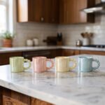 Four pastel ceramic mugs with beaded pearl handles in light green, blush pink, cream yellow, and sky blue displayed on a marble countertop.
