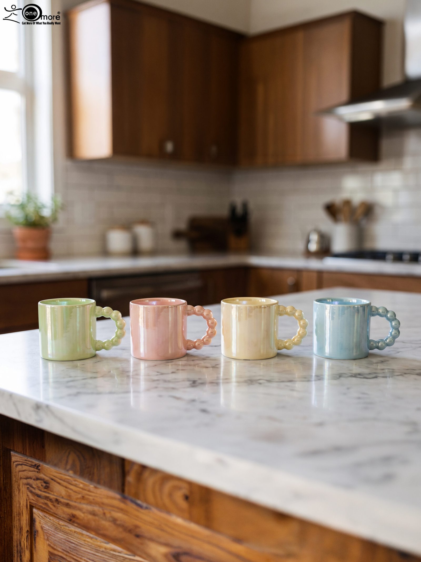 1 Four pastel ceramic mugs with beaded pearl handles in light green, blush pink, cream yellow, and sky blue displayed on a marble countertop.