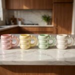 Four iridescent chubby ceramic mugs in pastel pink, yellow, mint green, and white displayed on a marble countertop.Four iridescent chubby ceramic mugs in pastel pink, yellow, mint green, and white displayed on a marble countertop.