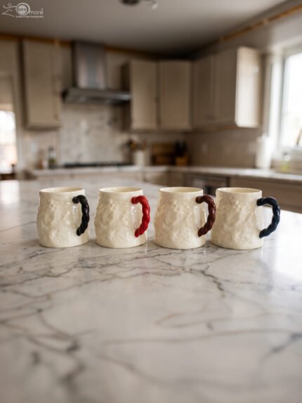 Four off-white textured ceramic coffee mugs with contrasting black, red, brown, and blue handles lined up on a marble kitchen countertop.