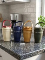 Four 300ml portable travel coffee mugs in cream, navy blue, mustard yellow, and olive green with top carrying handles placed on a kitchen countertop.