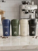 Four 450ml insulated travel coffee mugs in navy blue, olive green, cream, and matte black on a marble kitchen countertop