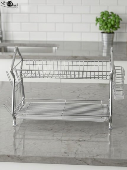2-tier stainless steel dish drying rack on a marble kitchen countertop with drip tray and utensil holder