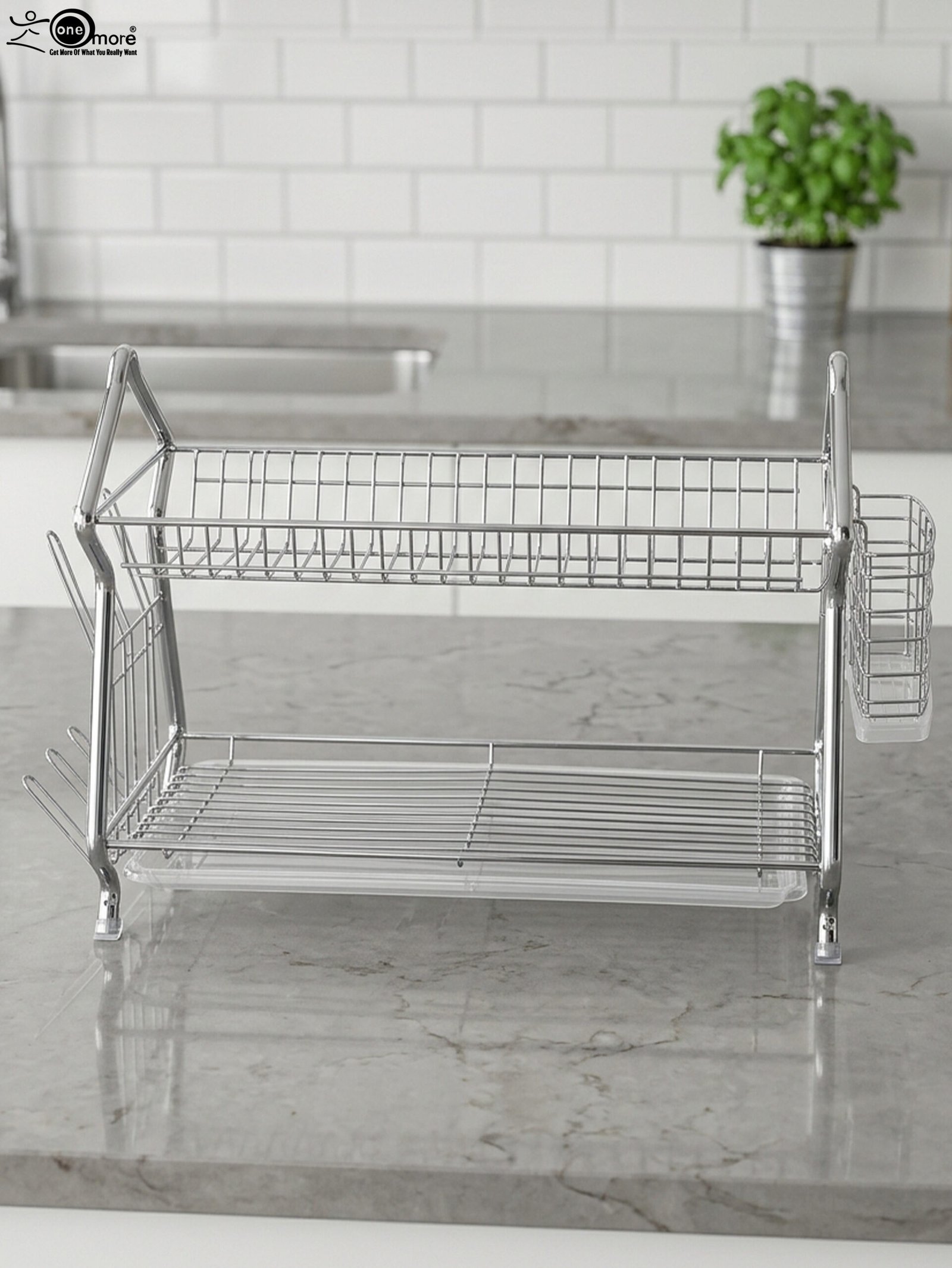 1 2-tier stainless steel dish drying rack on a marble kitchen countertop with drip tray and utensil holder
