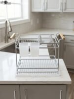 Two-tier silver dish drying rack with wooden side handles, hanging utensil holders, and a plastic drip tray on a kitchen countertop.
